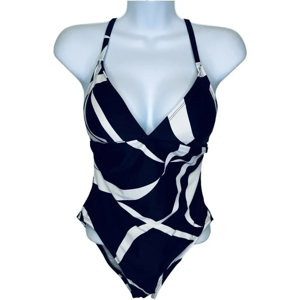 Anne Klein One Piece Abstract Bathing Suit Swimwear Size 10 Black White